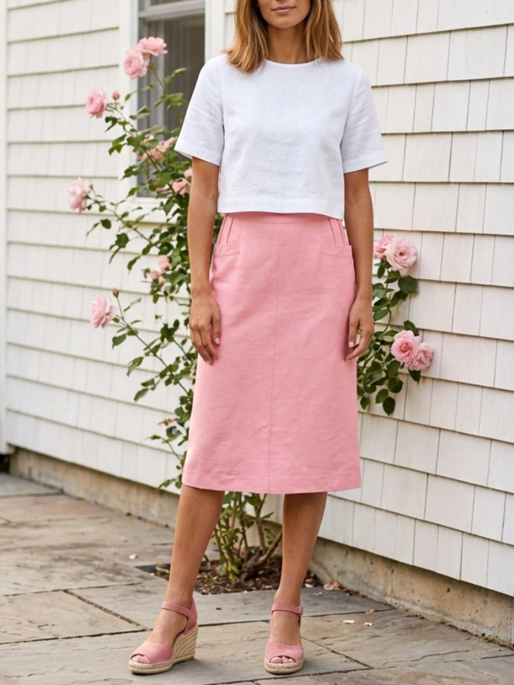 Vintage 80s Pink Linen Blend Midi Skirt with Side Pockets Size US 6